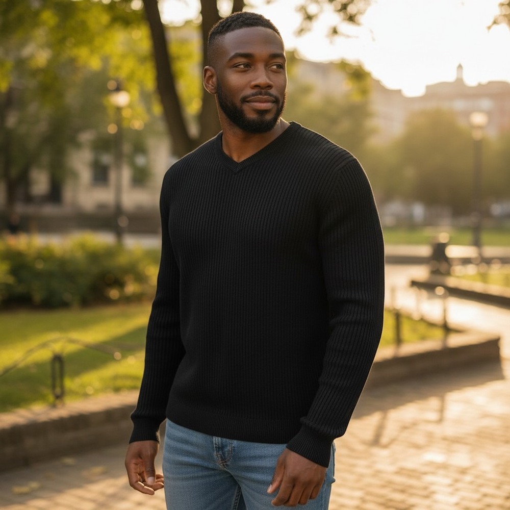Tommy Hilfiger Sweater XL Black New V-Neck Ribbed Cotton Knit Mens